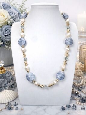 ARTISAN Czech Smokey Iridescent Glass, Smokey Crackled Crystal, & Pearl Necklace